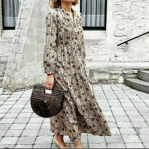 Red Camel Printed Floral Stripe Poplin Midi Dress - Picture 7 of 13